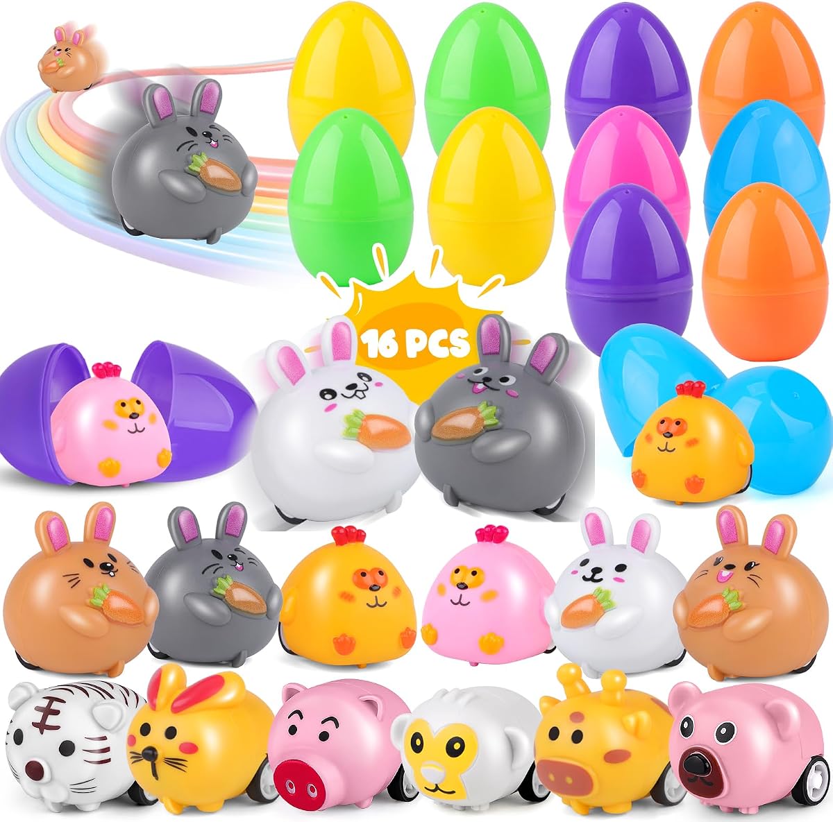 Sixteen prefilled plastic Easter eggs each containing an animal pull-back car
