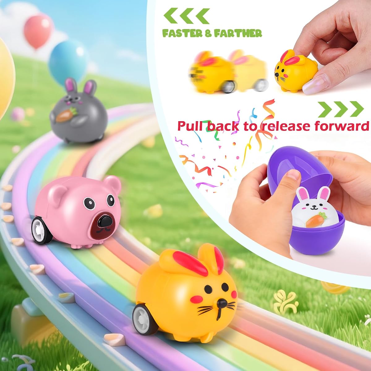 Sixteen prefilled plastic Easter eggs each containing an animal pull-back car — view 3