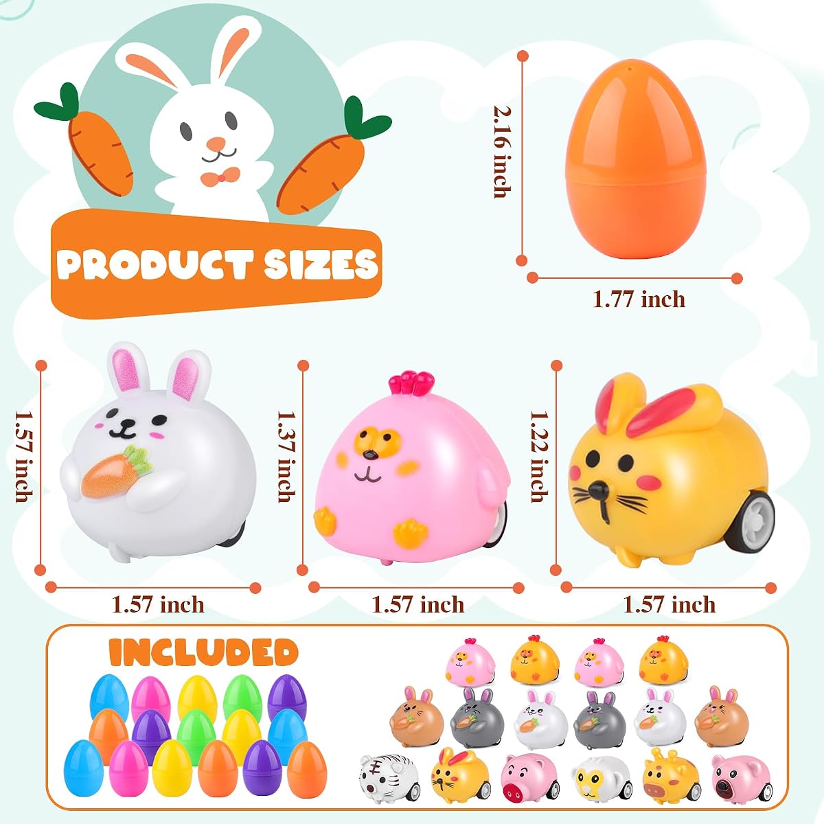 Sixteen prefilled plastic Easter eggs each containing an animal pull-back car — view 5