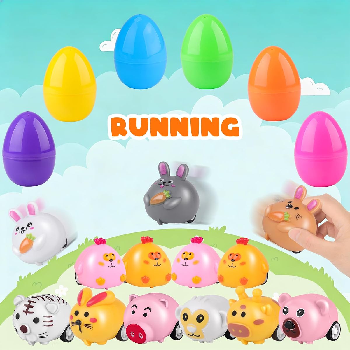 Sixteen prefilled plastic Easter eggs each containing an animal pull-back car — view 6