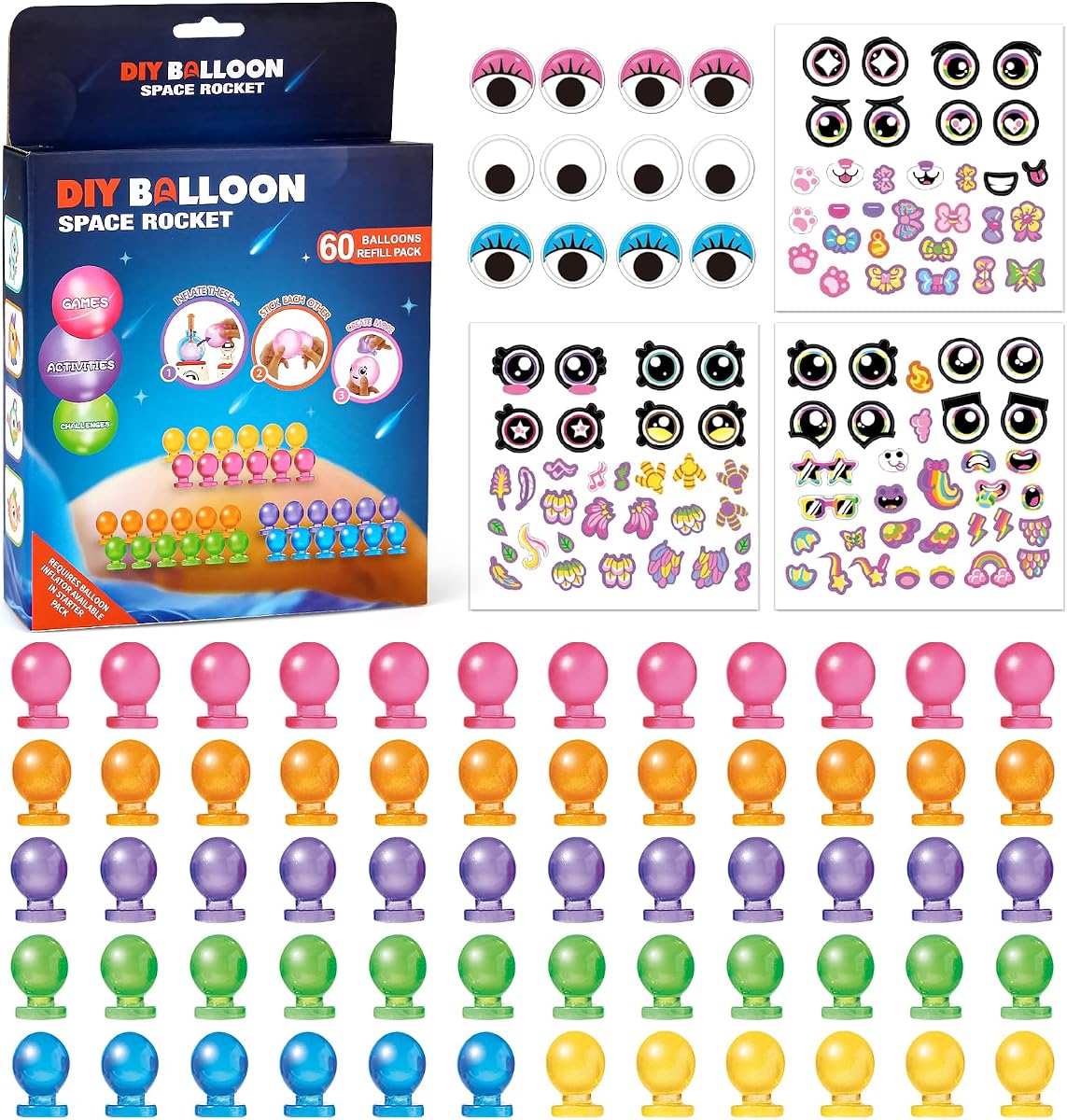 Sticky balloon refill pack with sixty balloons and ninety sticker sheets