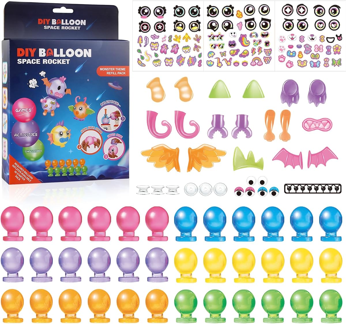 Sticky balloon refill pack with deco parts, connectors and sticker sheets