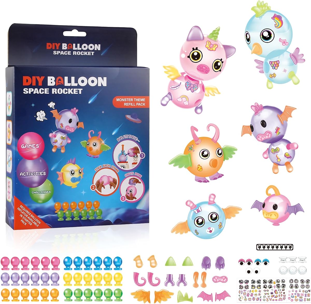 Sticky balloon refill pack with deco parts, connectors and sticker sheets — view 2