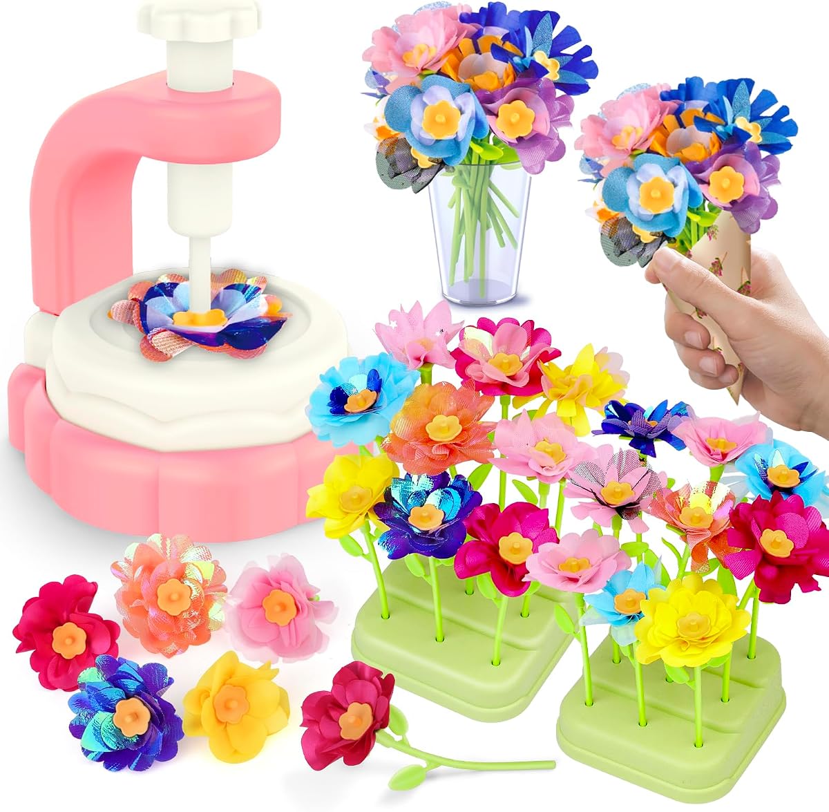 Fabric flower bouquet craft kit with a flower maker machine, petals, stems and a vase