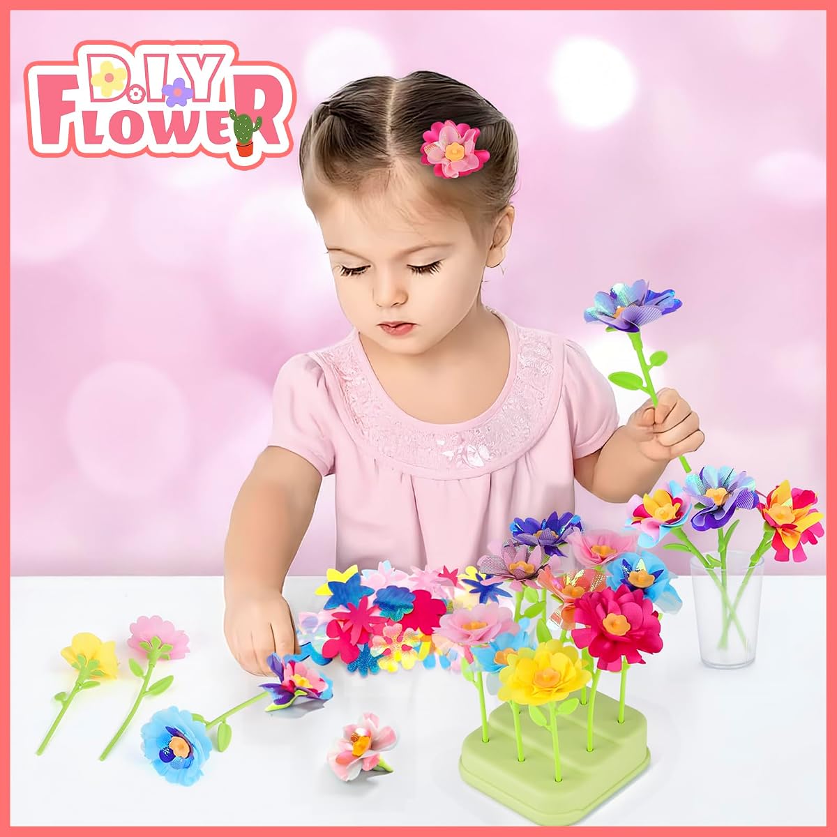 Fabric flower bouquet craft kit with a flower maker machine, petals, stems and a vase — view 2