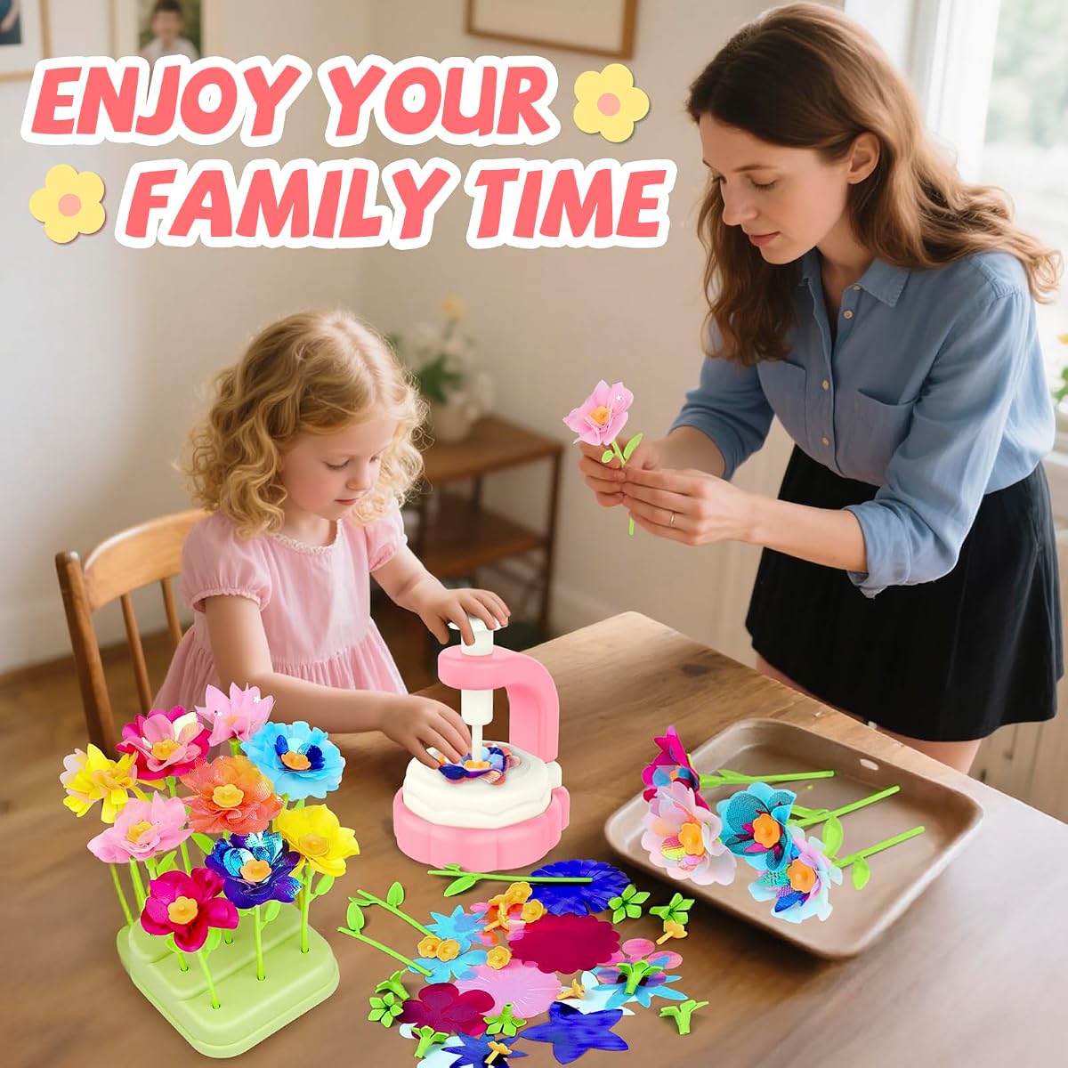 Fabric flower bouquet craft kit with a flower maker machine, petals, stems and a vase — view 3