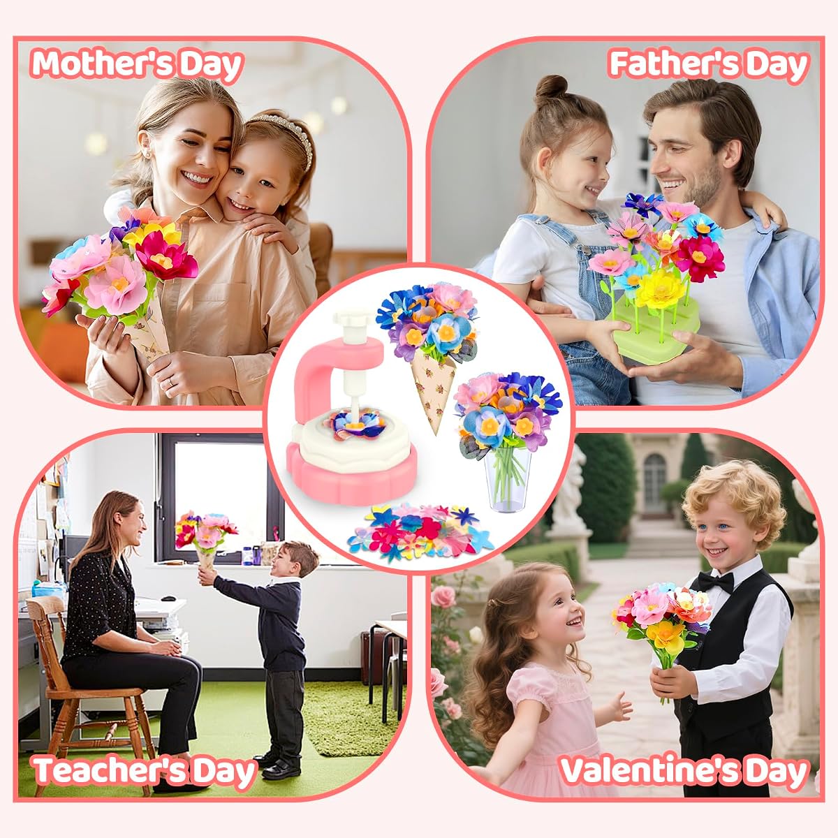 Fabric flower bouquet craft kit with a flower maker machine, petals, stems and a vase — view 4