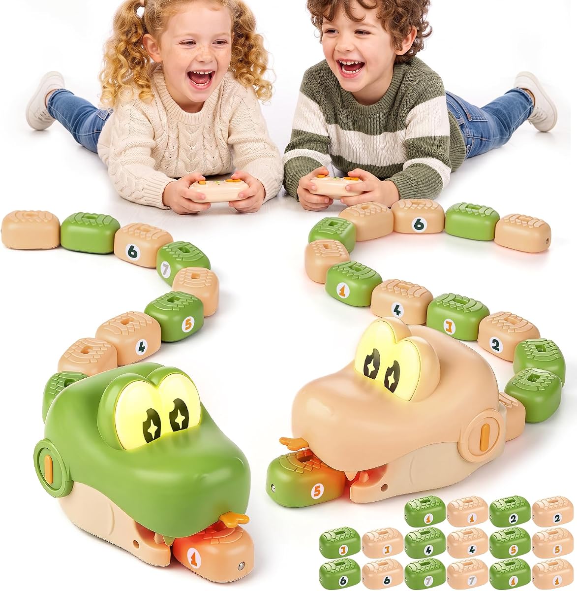 Two remote control snake toys with magnetic blocks and light-up heads