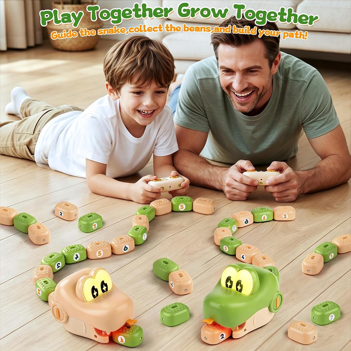 Two remote control snake toys with magnetic blocks and light-up heads — view 2