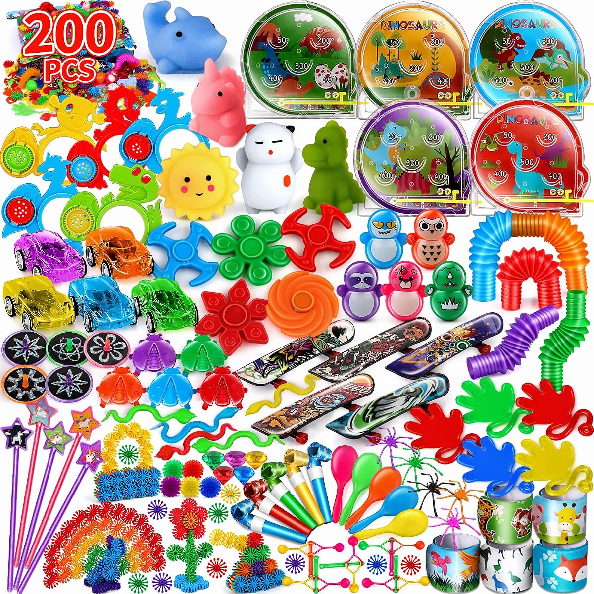 Two hundred piece party prize assortment in a printed colour box