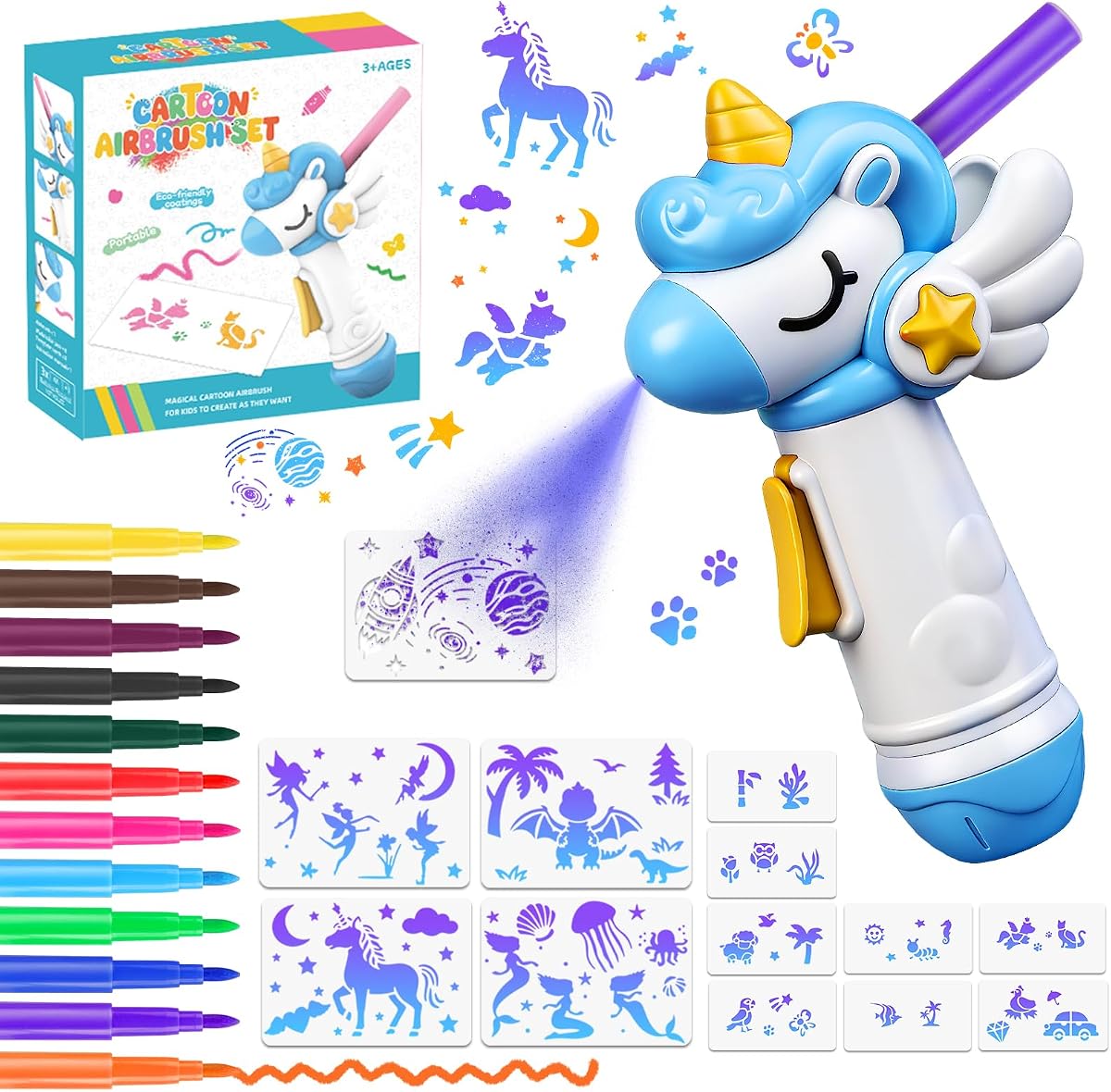 Plain marker airbrush spray kit with twelve washable markers and thirteen stencils