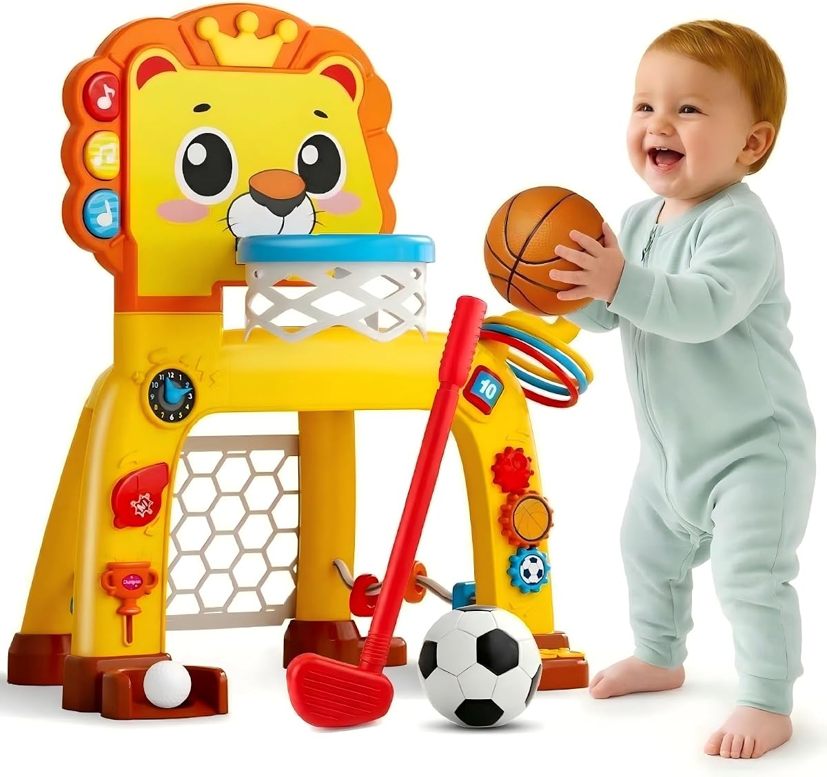 Lion-shaped toddler basketball hoop with soccer goal and ring toss pegs