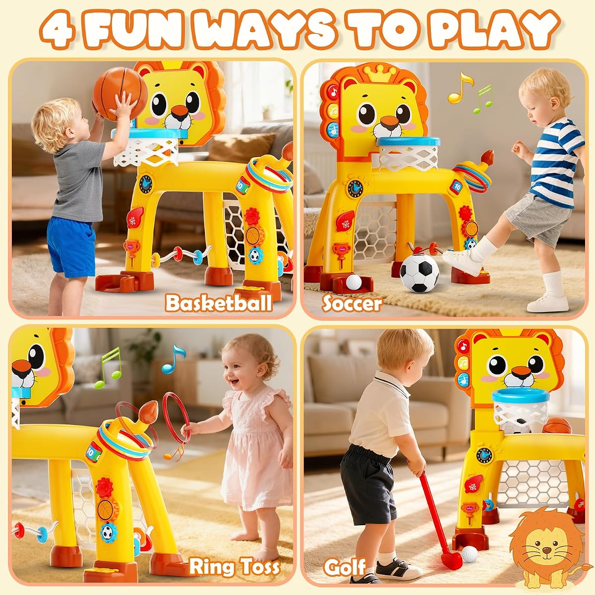 Lion-shaped toddler basketball hoop with soccer goal and ring toss pegs — view 2