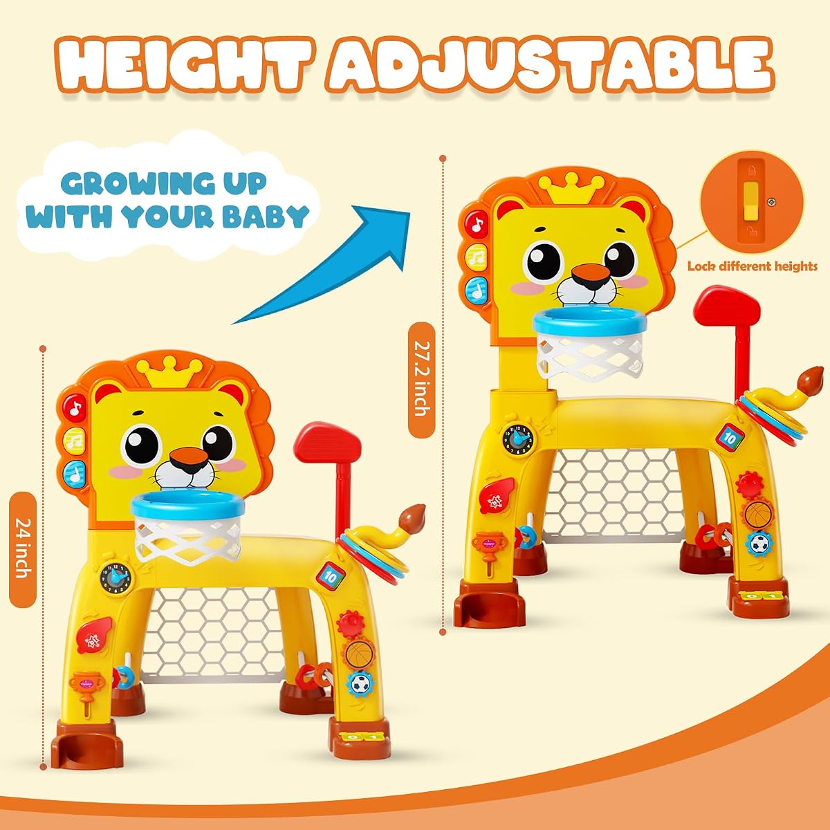 Lion-shaped toddler basketball hoop with soccer goal and ring toss pegs — view 4