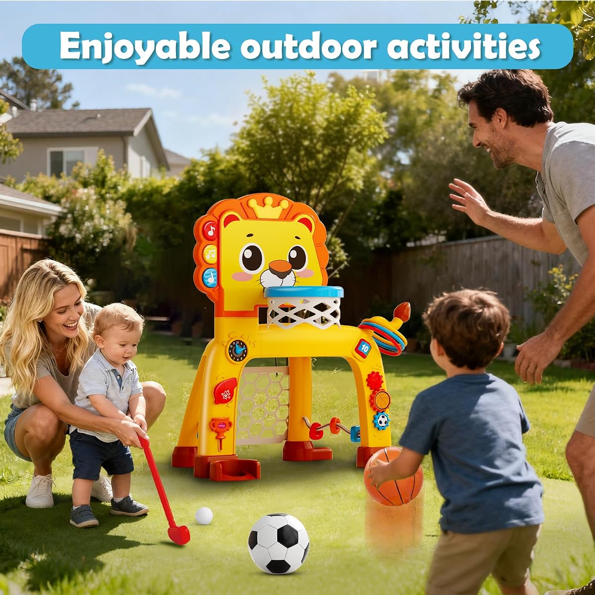 Lion-shaped toddler basketball hoop with soccer goal and ring toss pegs — view 6