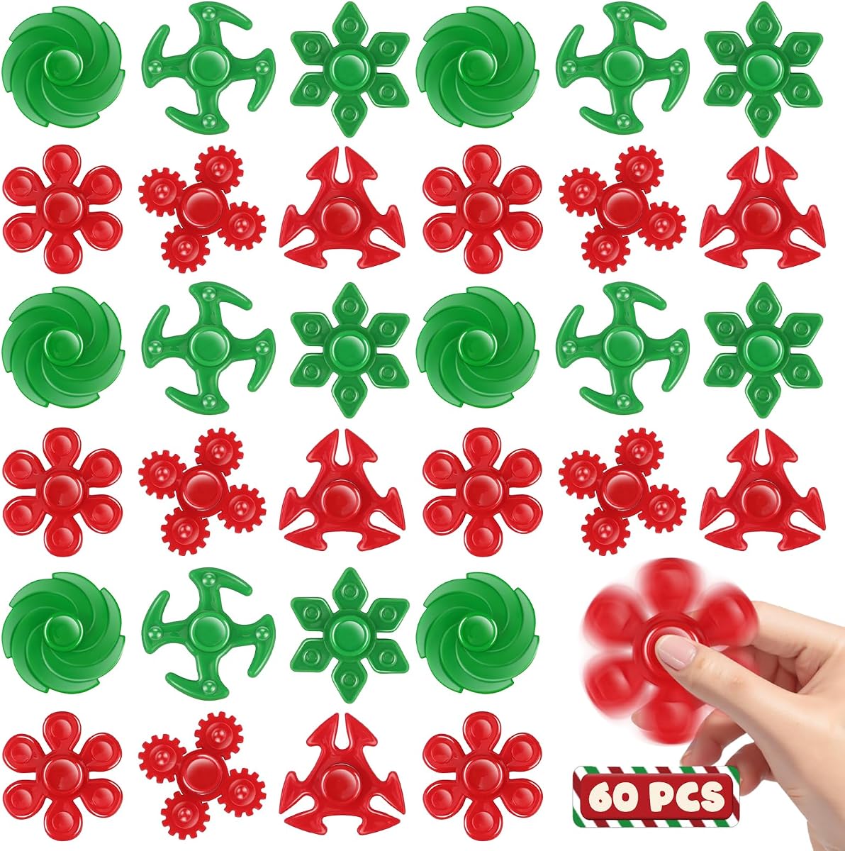 Sixty red and green Christmas mini fidget spinners with snowflake shapes