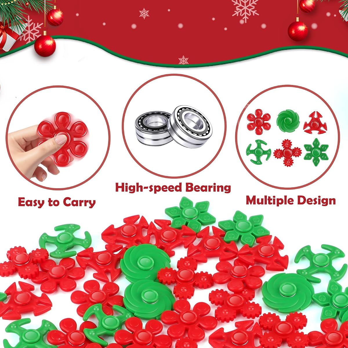 Sixty red and green Christmas mini fidget spinners with snowflake shapes — view 3