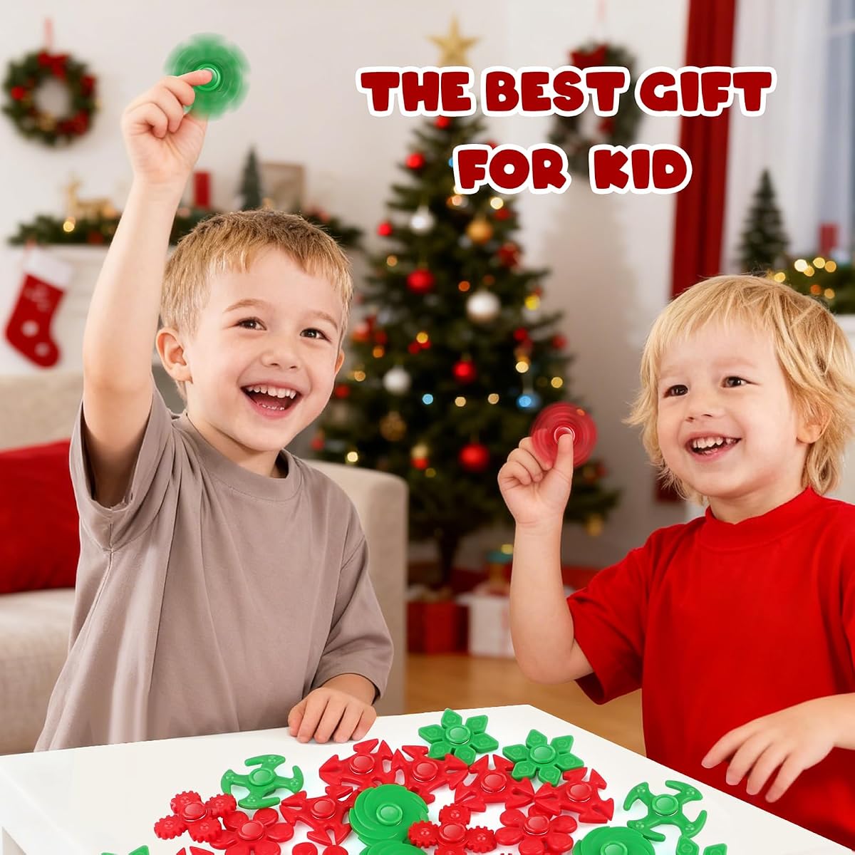 Sixty red and green Christmas mini fidget spinners with snowflake shapes — view 4
