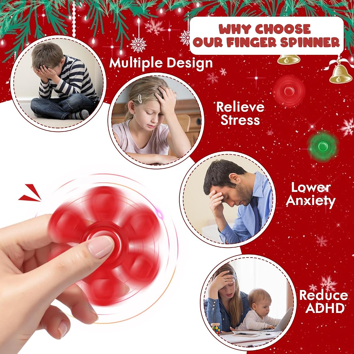 Sixty red and green Christmas mini fidget spinners with snowflake shapes — view 6