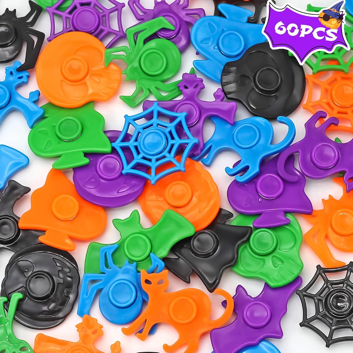 Sixty Halloween mini fidget spinners in black, green, orange, blue and purple