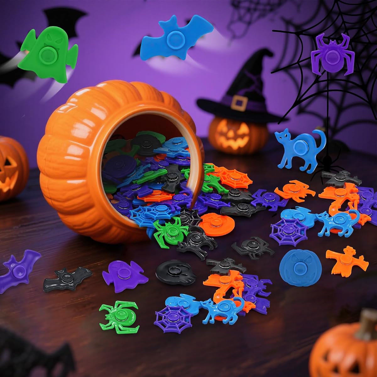 Sixty Halloween mini fidget spinners in black, green, orange, blue and purple — view 3