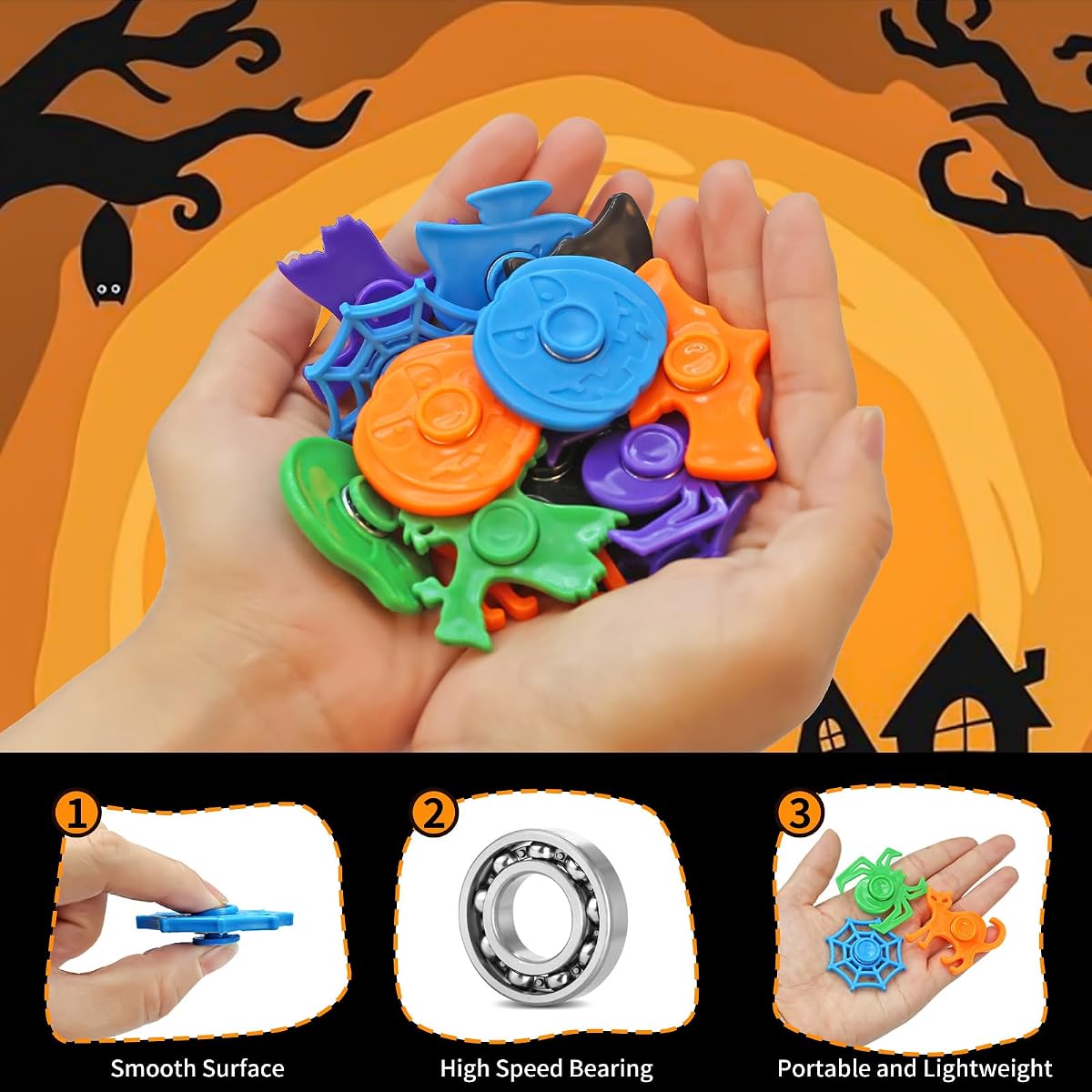 Sixty Halloween mini fidget spinners in black, green, orange, blue and purple — view 4