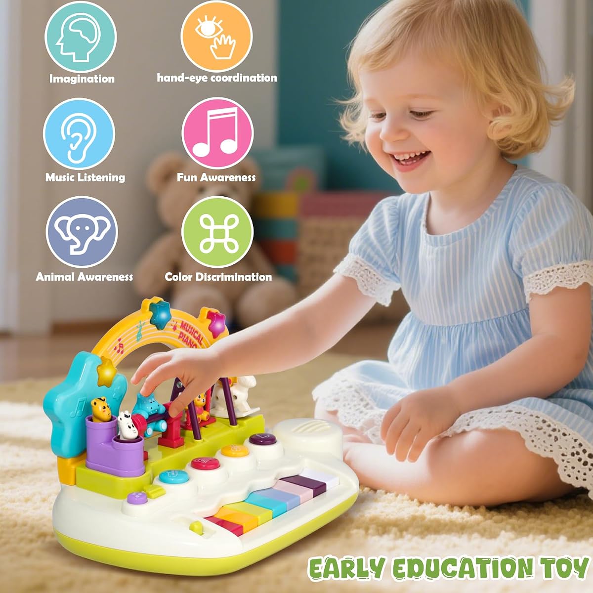 Animal-themed light-up baby piano keyboard with rotating figures and a carry handle — view 2