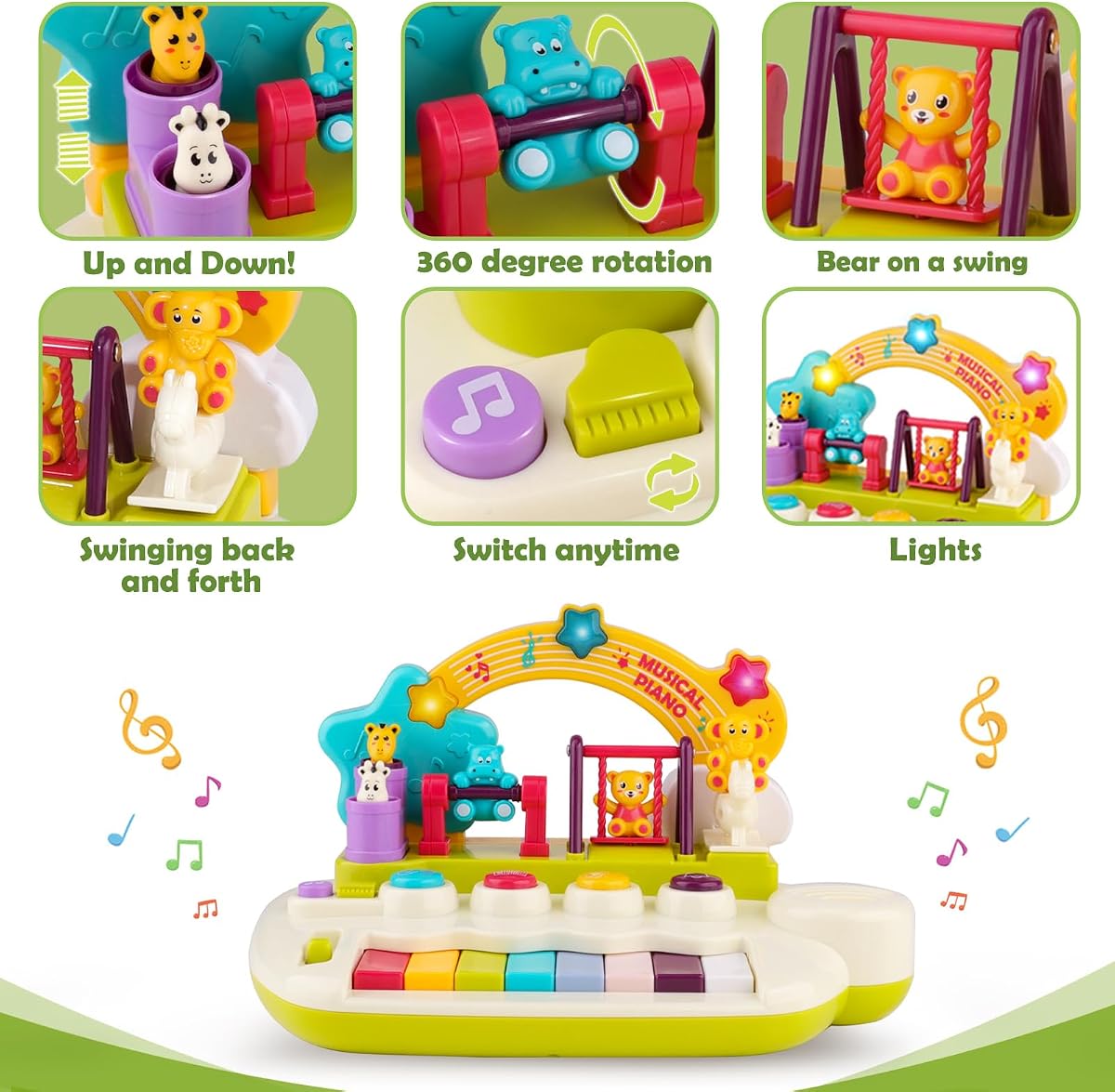 Animal-themed light-up baby piano keyboard with rotating figures and a carry handle — view 4