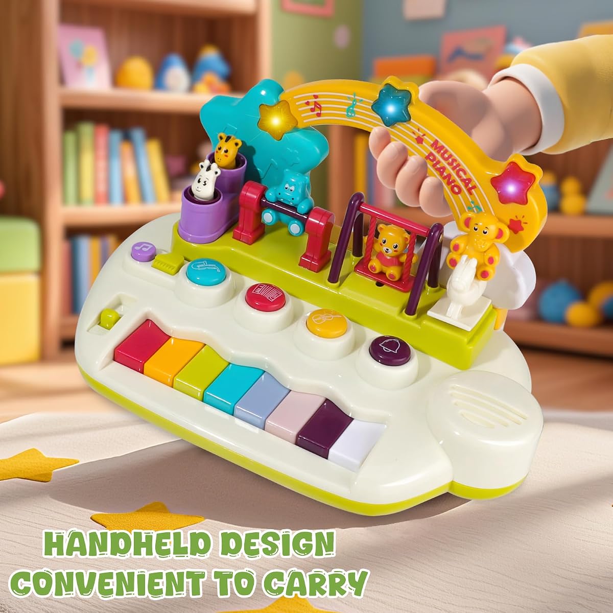 Animal-themed light-up baby piano keyboard with rotating figures and a carry handle — view 5
