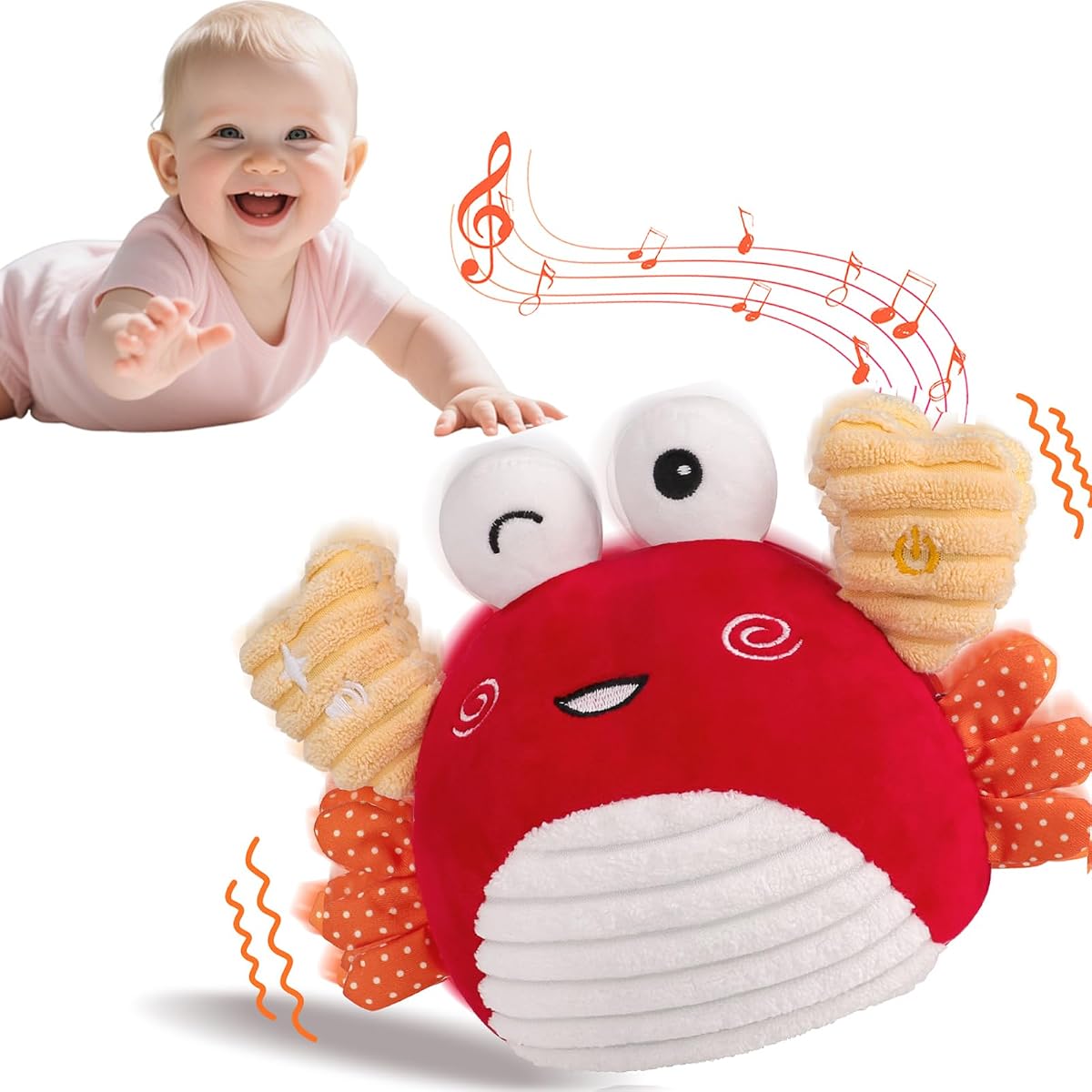 Plush crab baby toy that crawls and bounces, with a music button on its arm