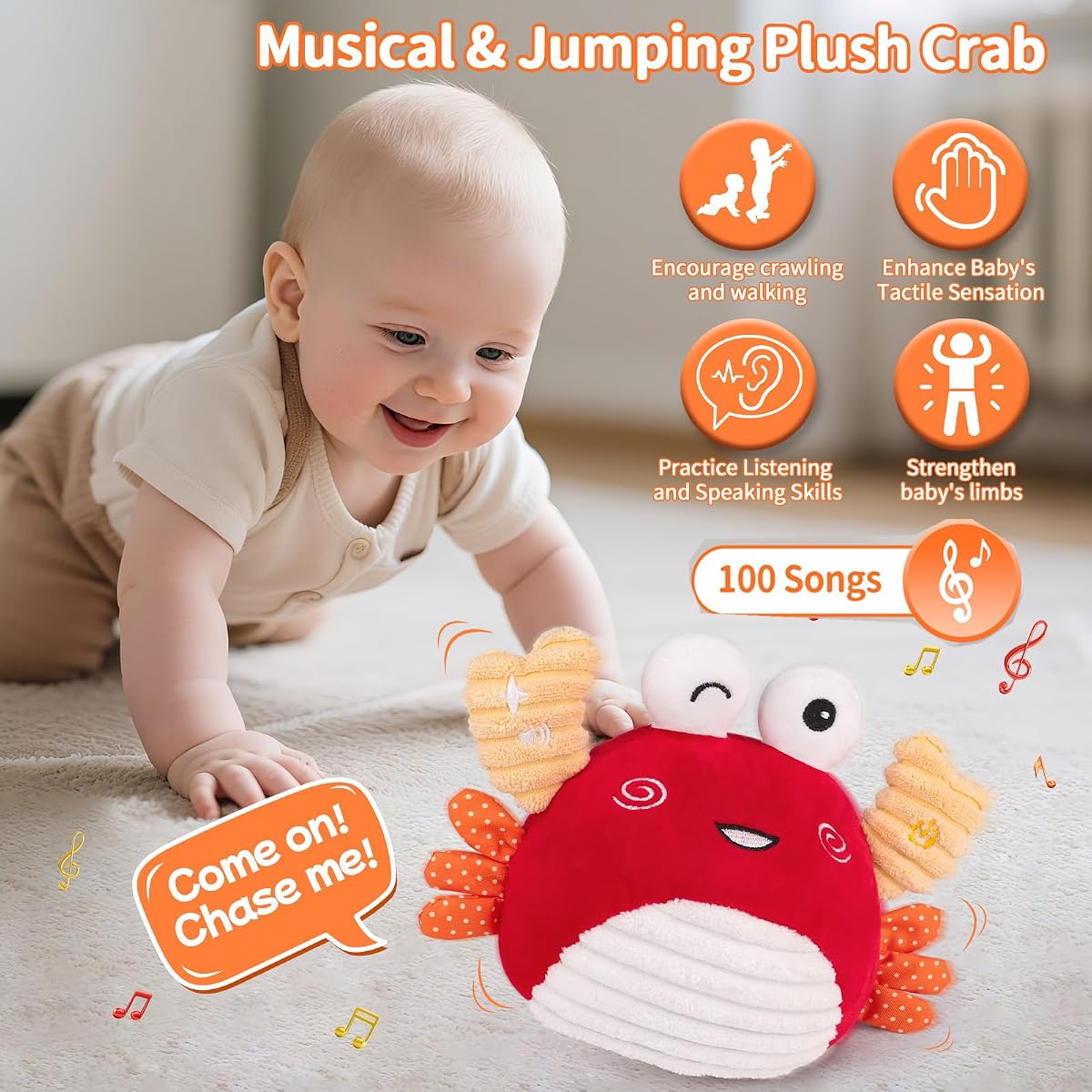 Plush crab baby toy that crawls and bounces, with a music button on its arm — view 2