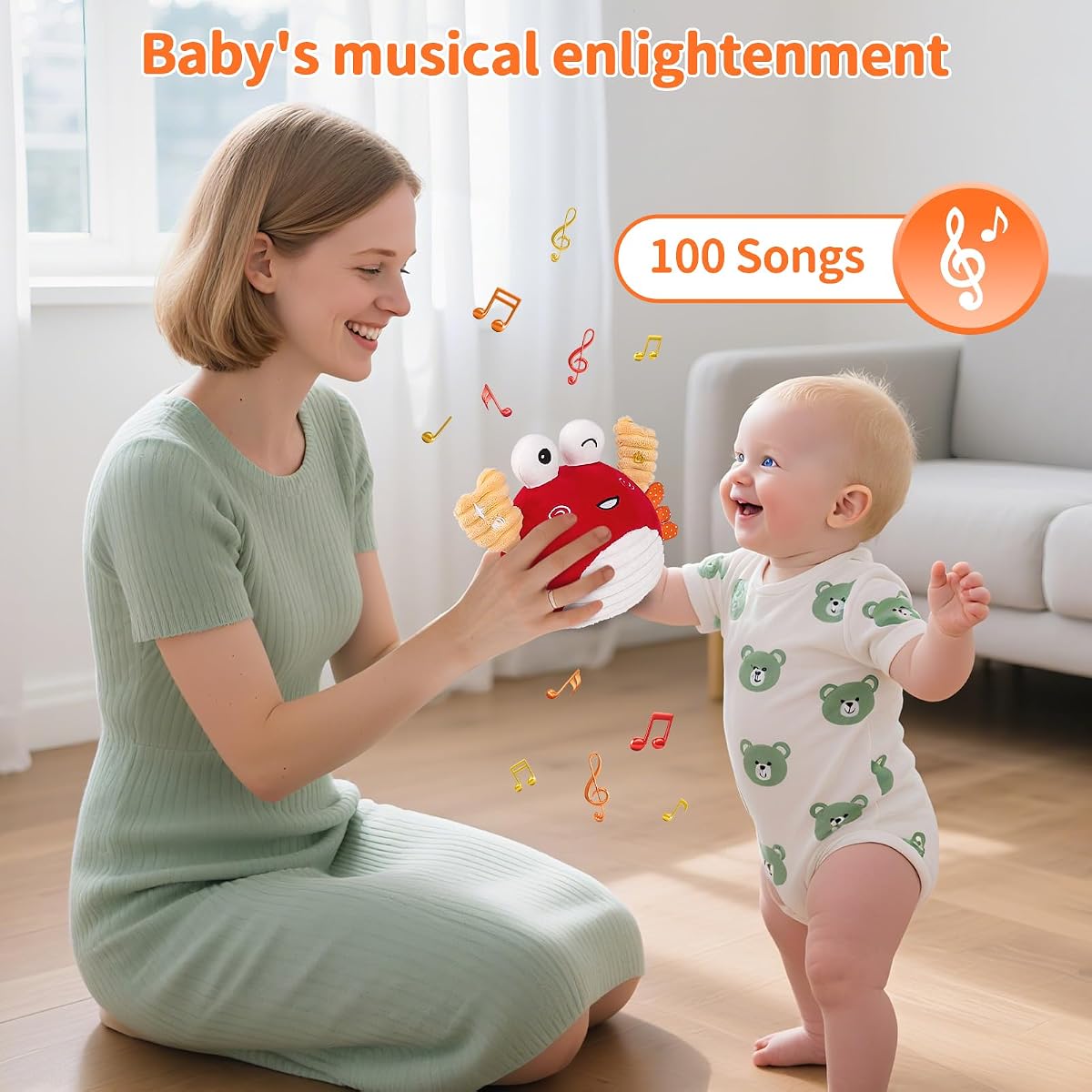 Plush crab baby toy that crawls and bounces, with a music button on its arm — view 3
