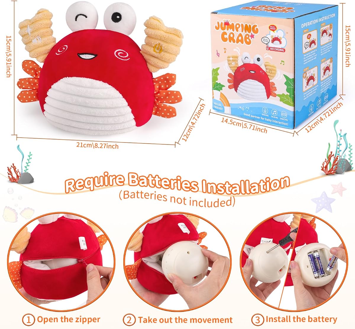 Plush crab baby toy that crawls and bounces, with a music button on its arm — view 5