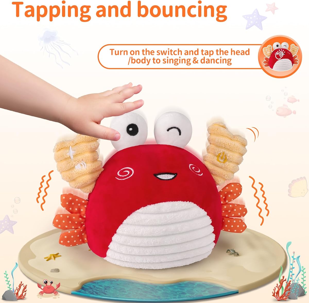 Plush crab baby toy that crawls and bounces, with a music button on its arm — view 6