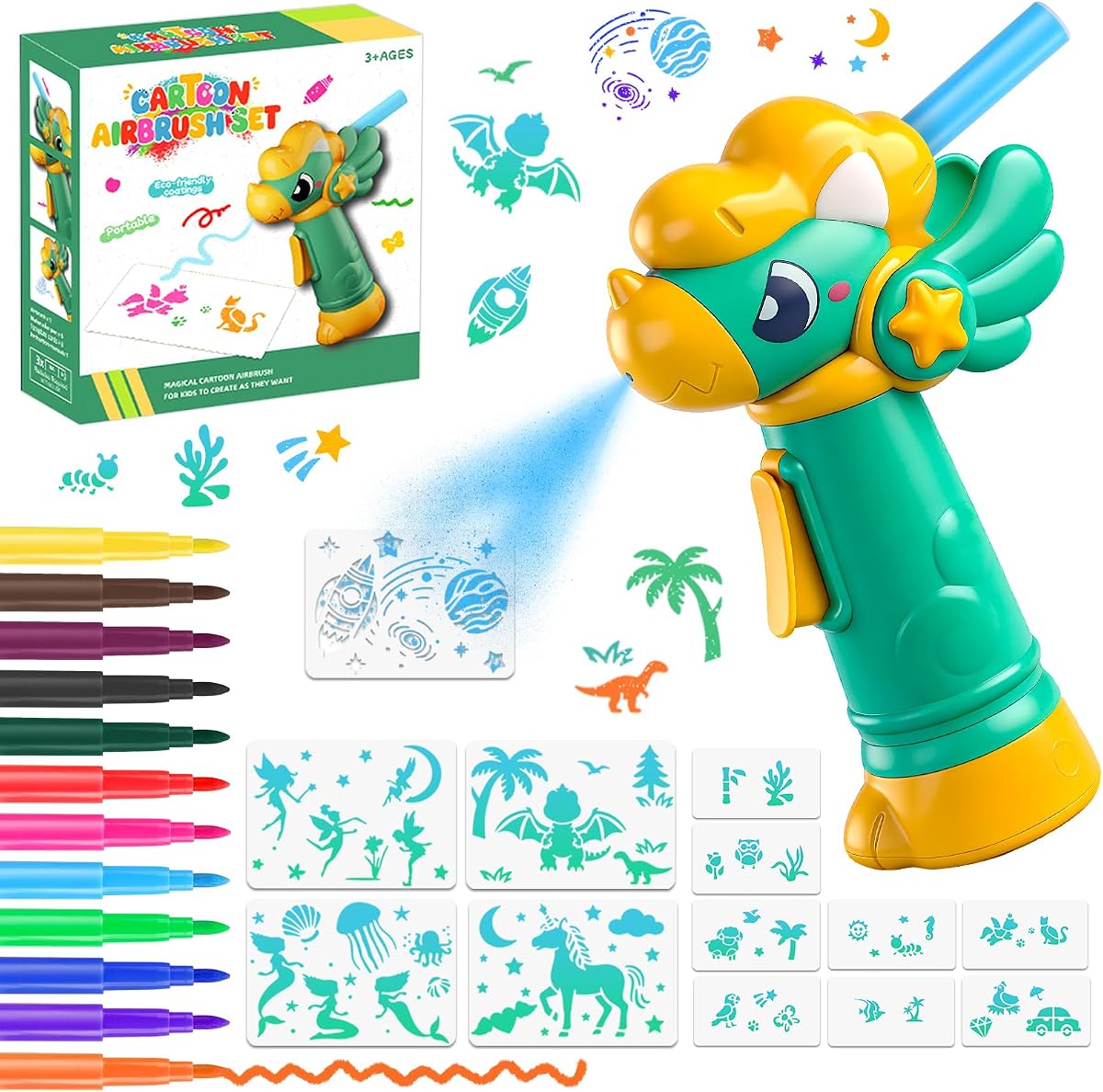 Dinosaur-shaped marker airbrush sprayer with washable markers and stencil cards