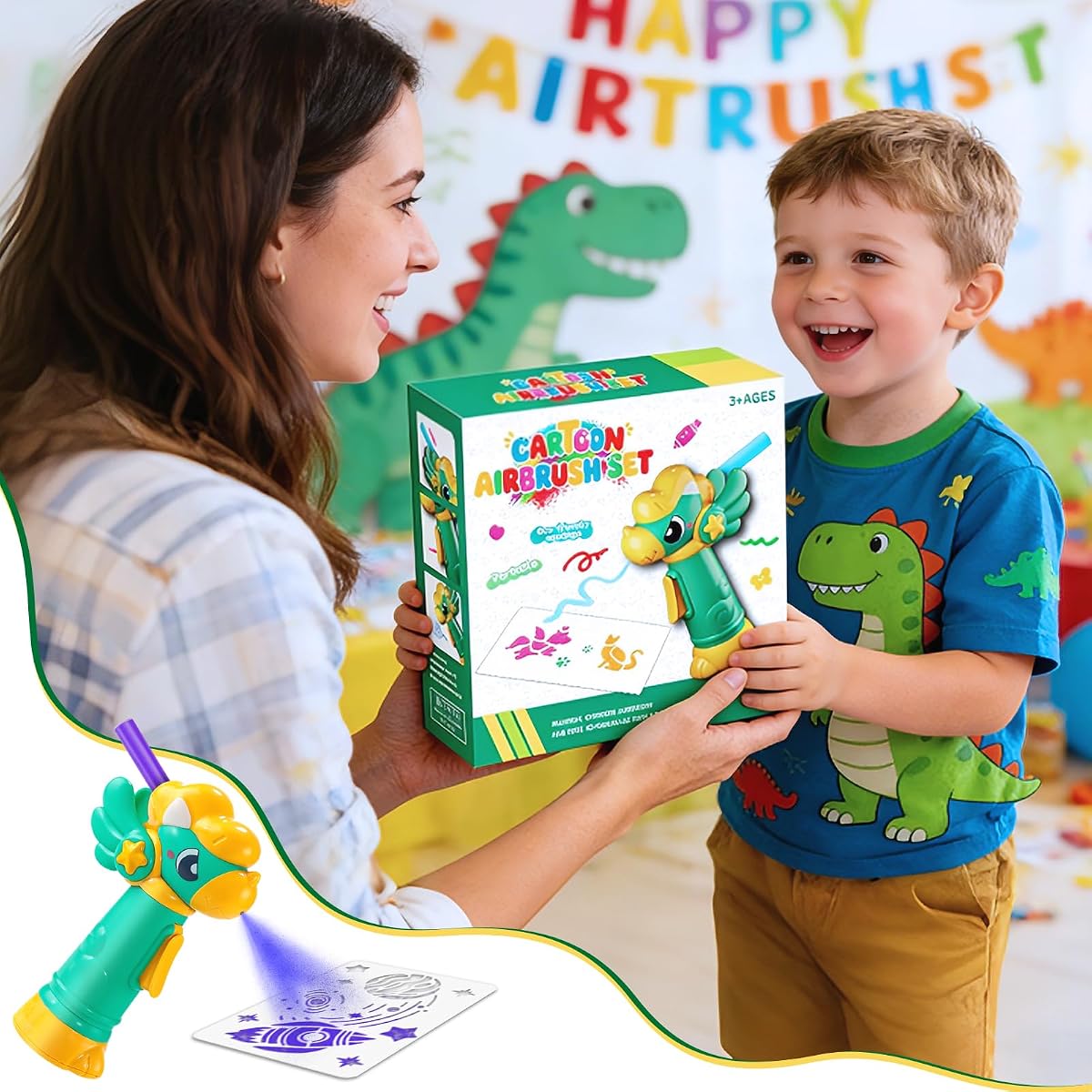 Dinosaur-shaped marker airbrush sprayer with washable markers and stencil cards — view 6