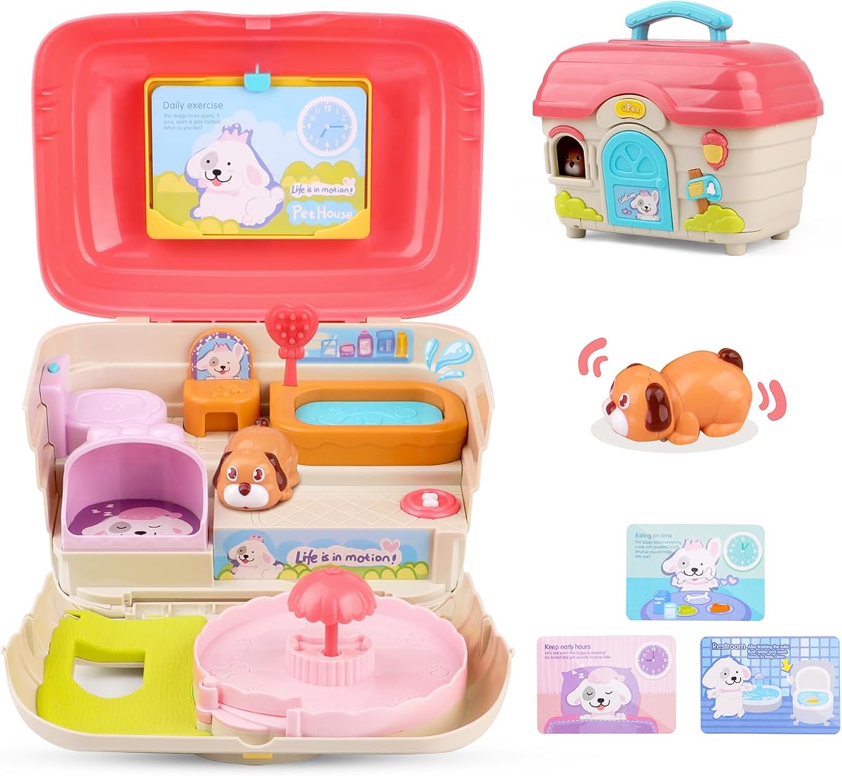Electronic mini puppy dog house playset with a walking puppy and chore cards
