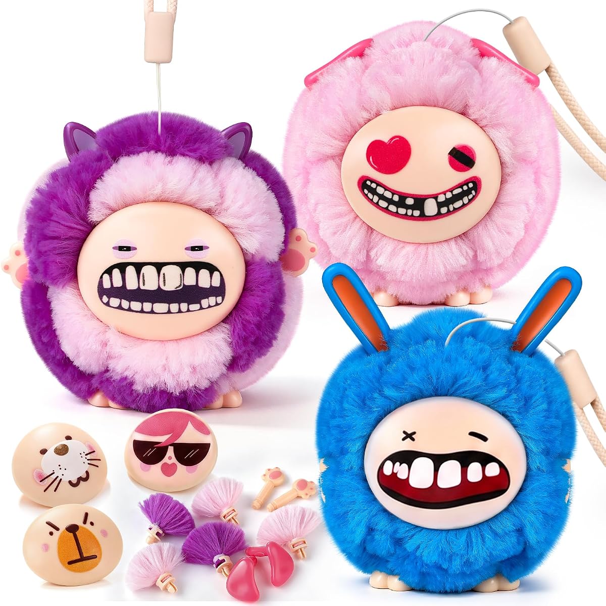 Plush charm craft kit with three plush bodies and interchangeable monster faces