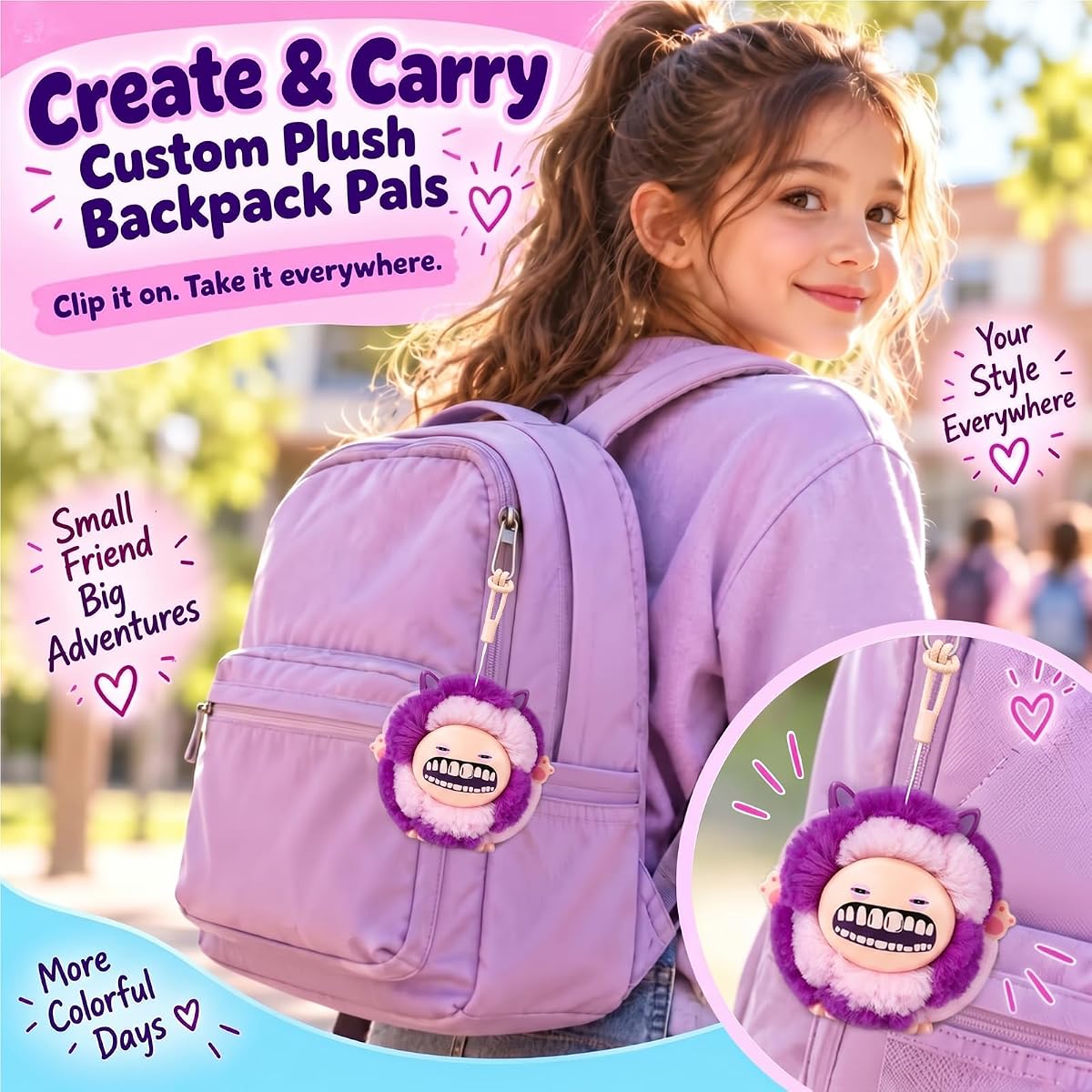 Plush charm craft kit with three plush bodies and interchangeable monster faces — view 2