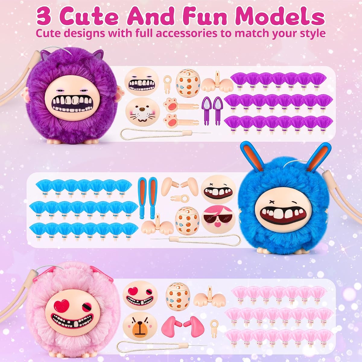 Plush charm craft kit with three plush bodies and interchangeable monster faces — view 5