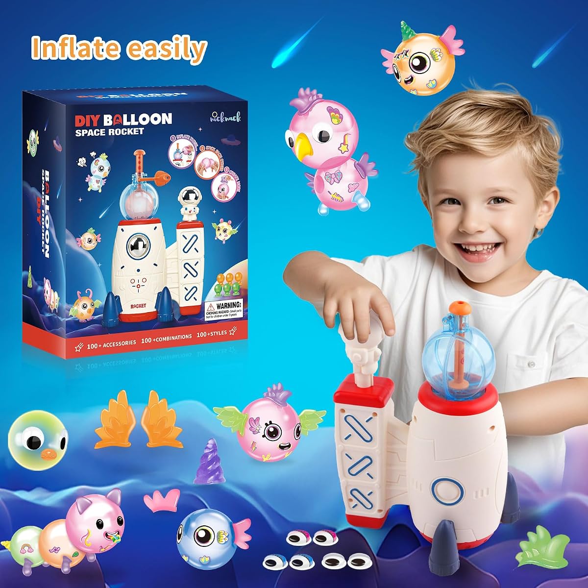 Space rocket sticky balloon kit with pump, wings, eyes and sticker sheets — view 2