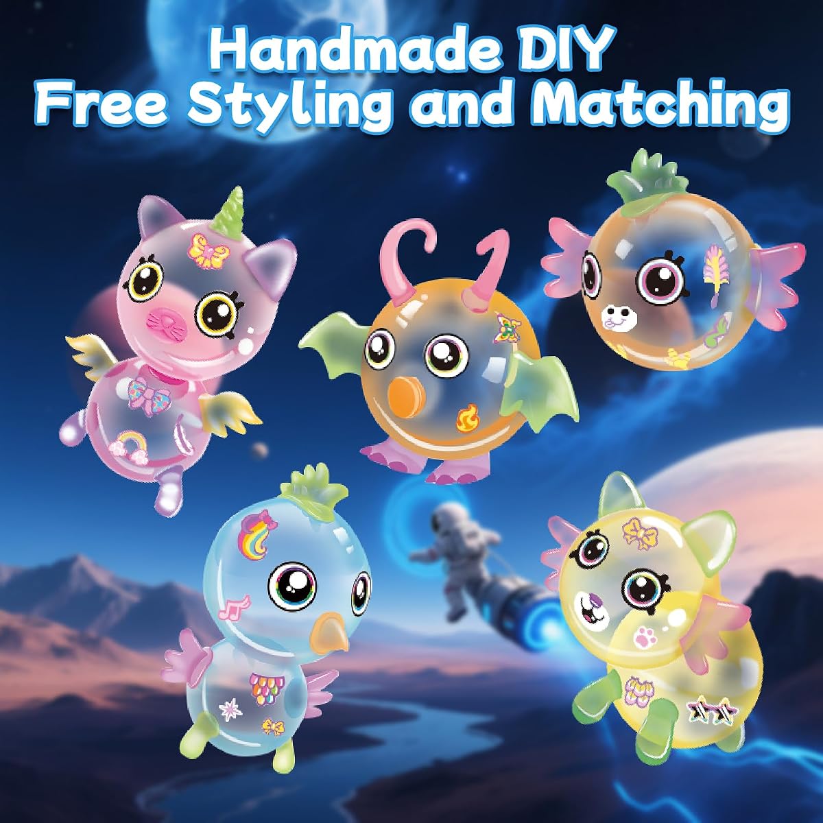 Space rocket sticky balloon kit with pump, wings, eyes and sticker sheets — view 3