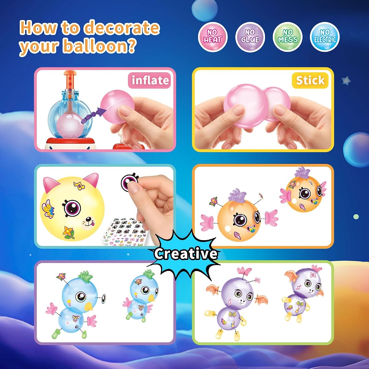Space rocket sticky balloon kit with pump, wings, eyes and sticker sheets — view 4
