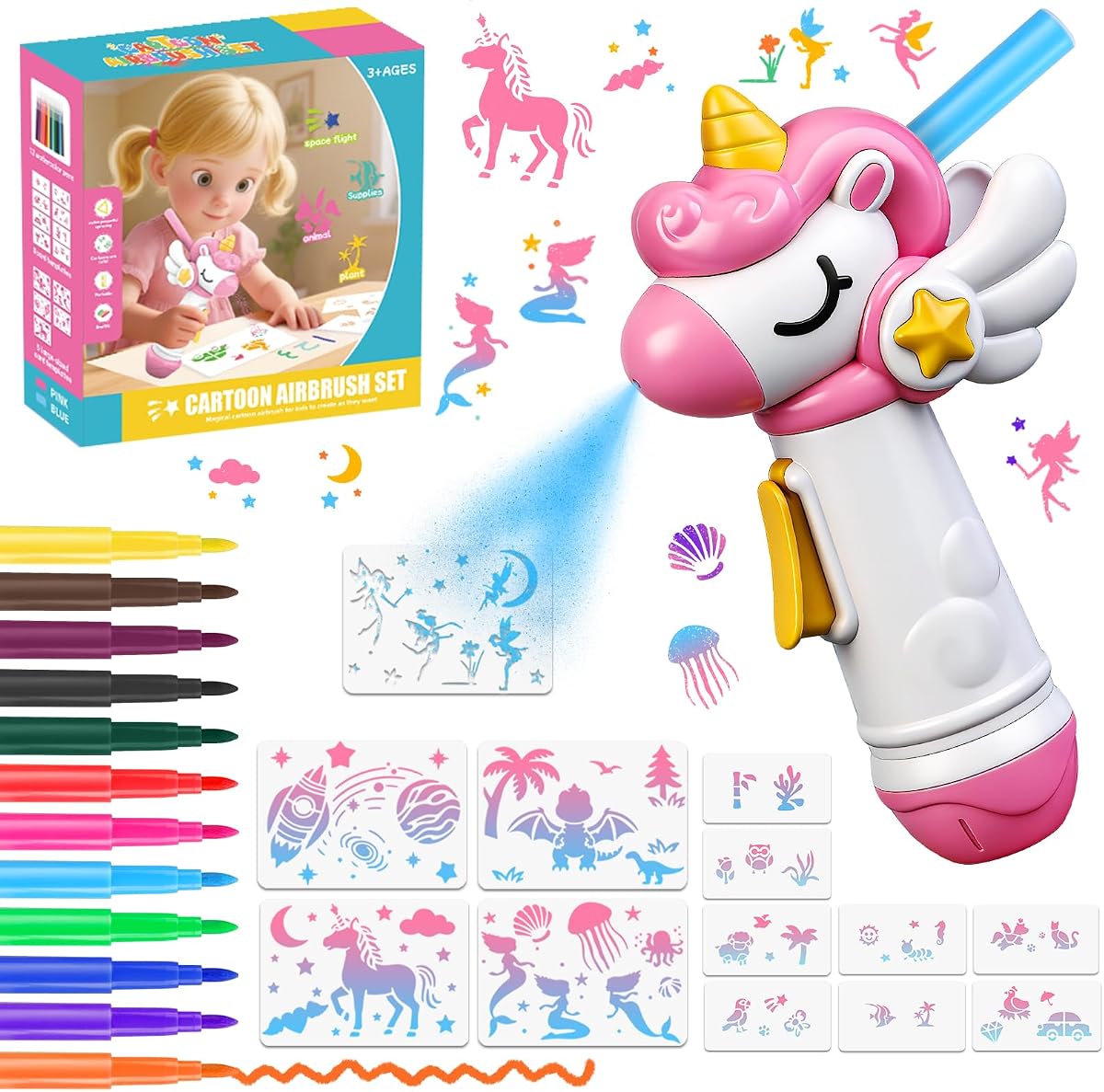 Unicorn-shaped marker airbrush sprayer with washable markers and stencil cards