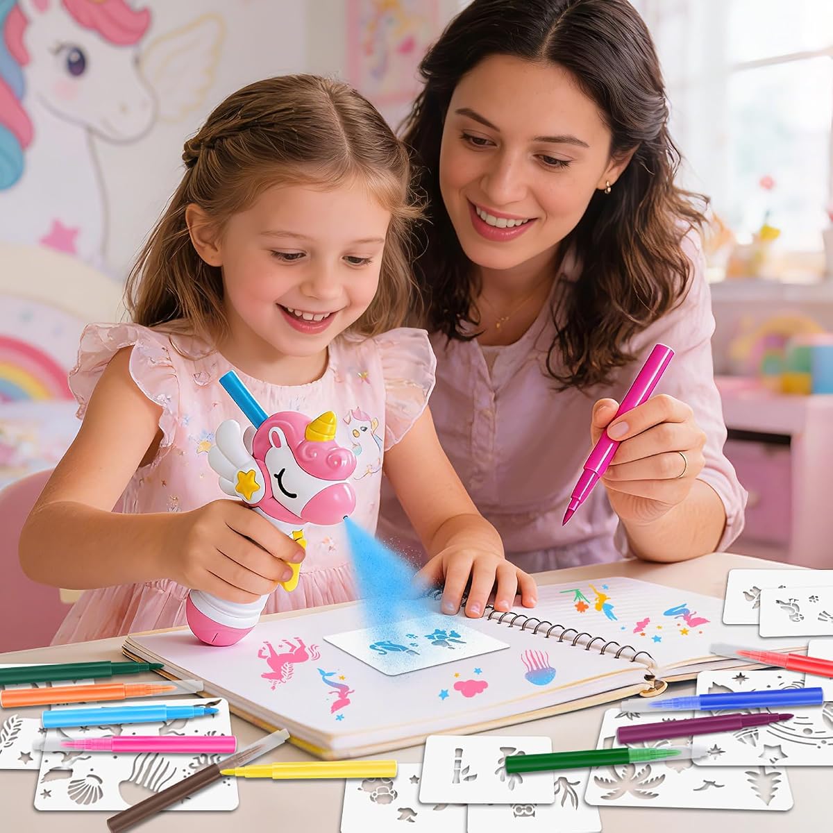 Unicorn-shaped marker airbrush sprayer with washable markers and stencil cards — view 2