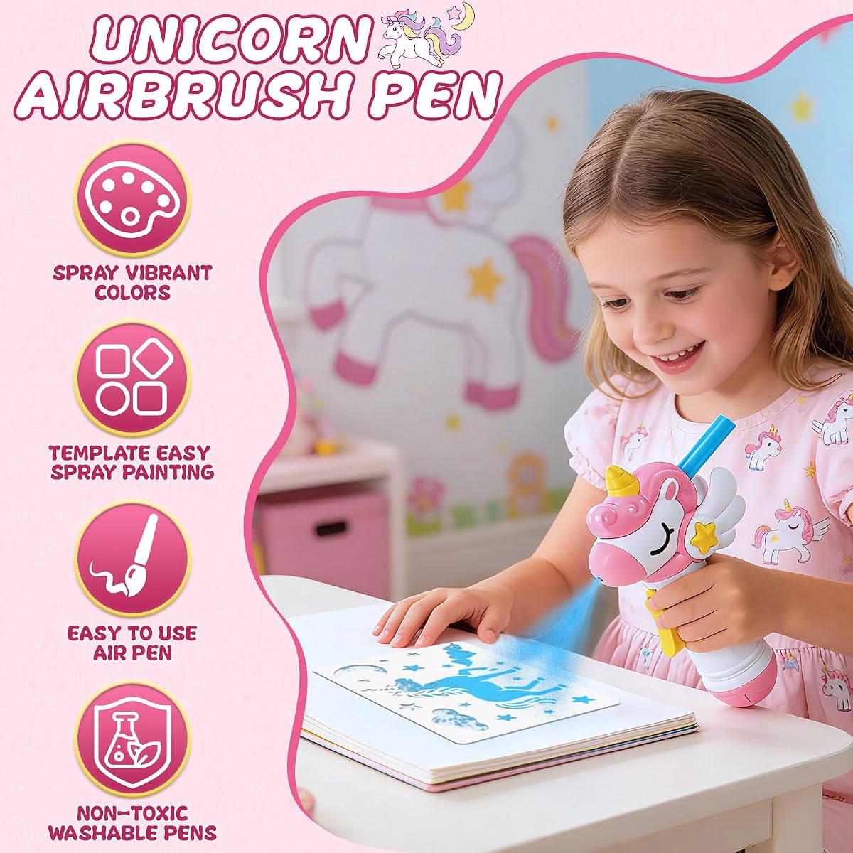Unicorn-shaped marker airbrush sprayer with washable markers and stencil cards — view 3