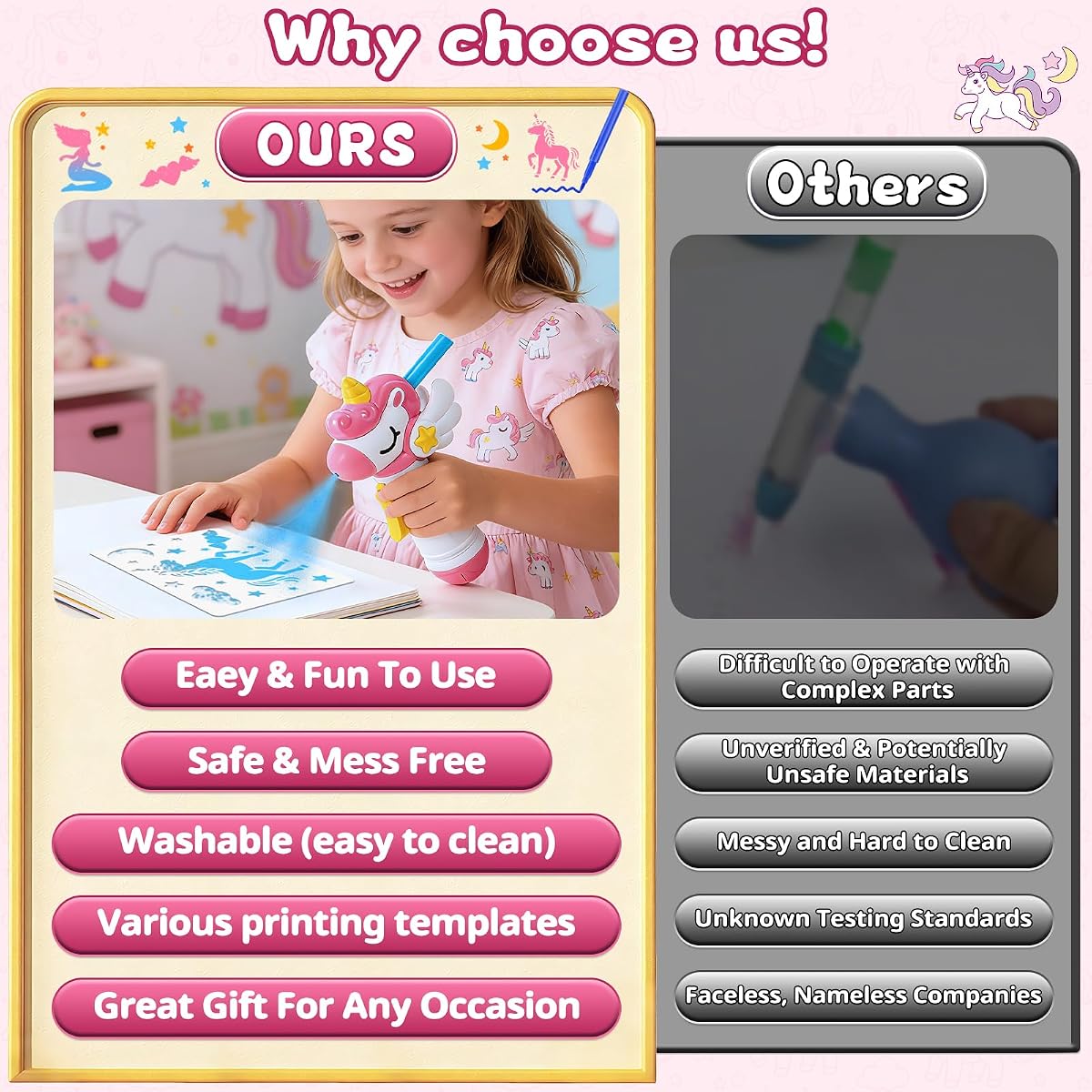 Unicorn-shaped marker airbrush sprayer with washable markers and stencil cards — view 6